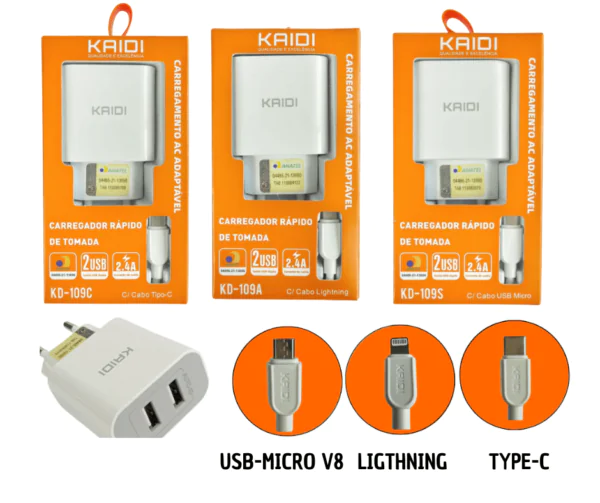 CARREGADOR KAID KD-605S V8 / KD-109A IPHONE / KD-606C TYPE C